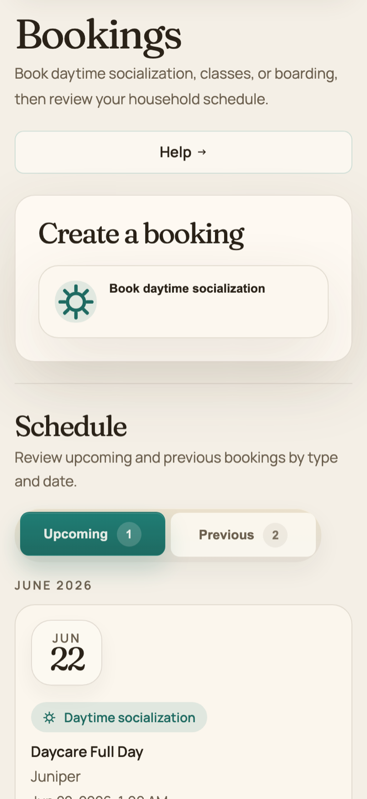Hello Sniff customer portal booking screen for dog daycare self-service requests