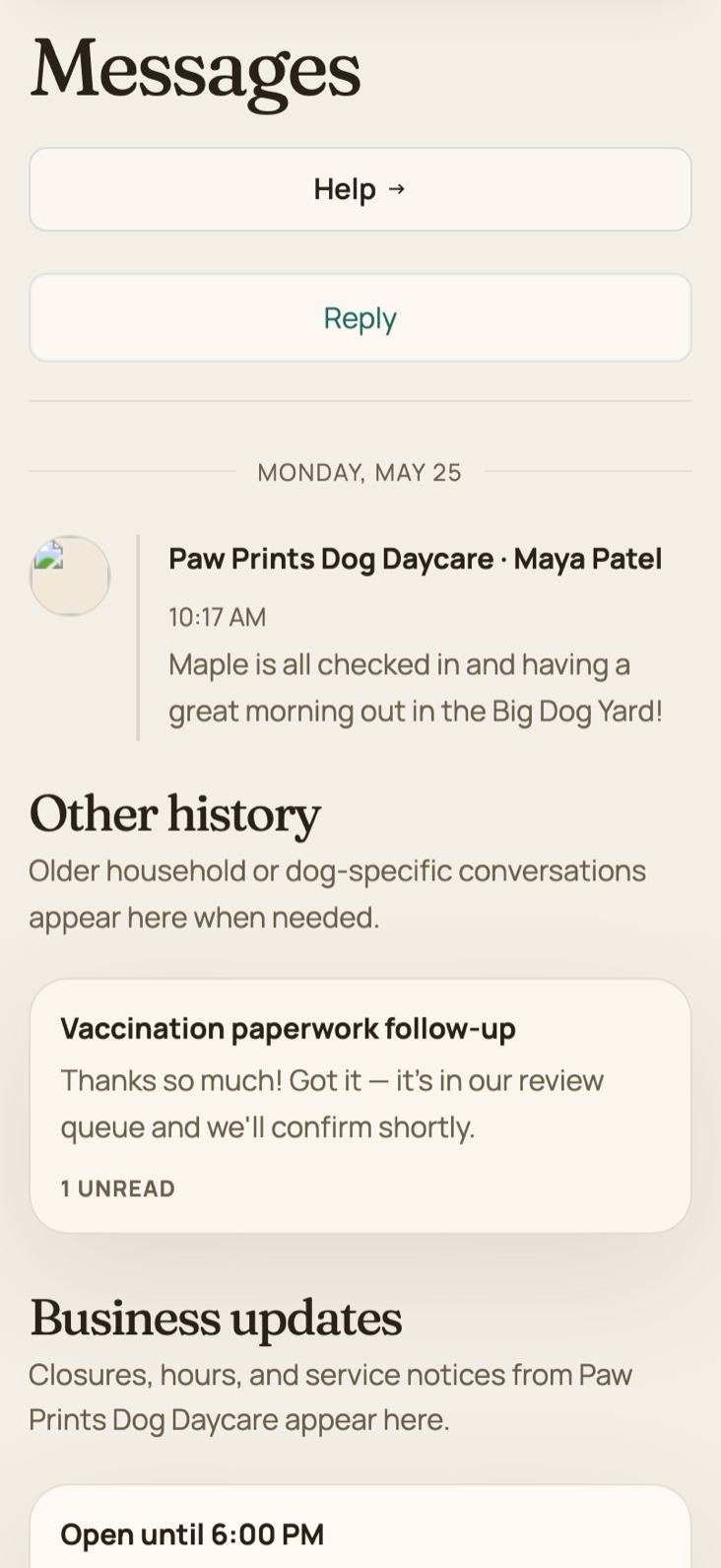 Customer portal messaging with the daycare team