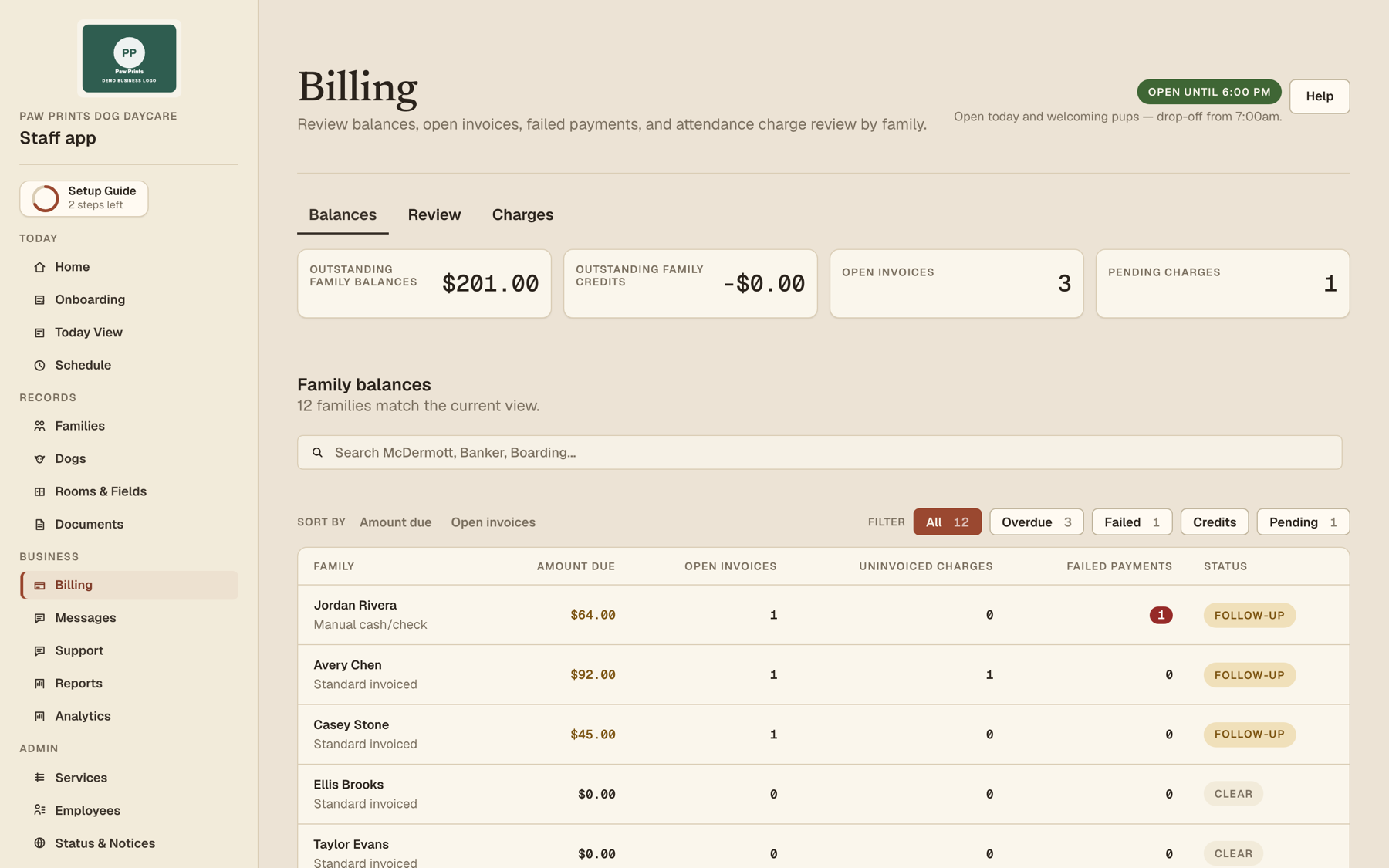 Staff billing — family balances, open invoices, failed payments, and charge review