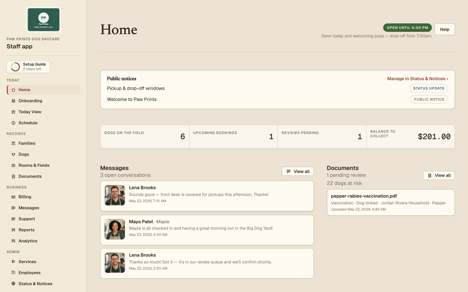 Hello Sniff staff dashboard for dog daycare scheduling, balances, bookings, and messages