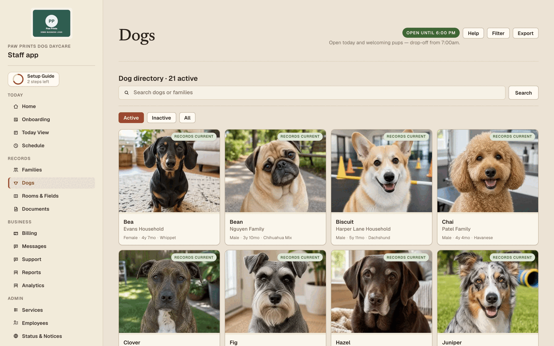 Staff dog directory with photos, breeds, households, and compliance status
