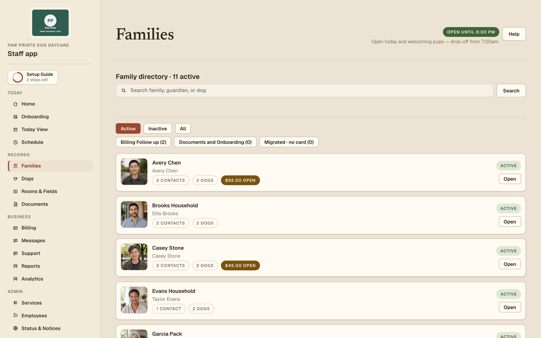 Staff family directory — households with contacts, dogs, and balances